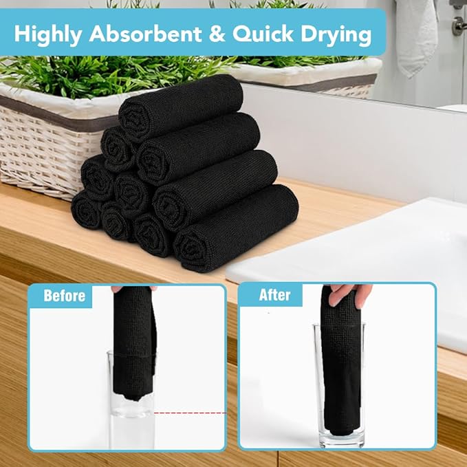 Orighty Washcloths Towels Set 20 Pack, Highly Absorbent and Soft Feel Microfiber Face Cloths, Multi-Purpose Wash Cloths & Hand Towels for Bathroom, Hotel, Spa, and Gym, 11.5x11.5 Inch, Black