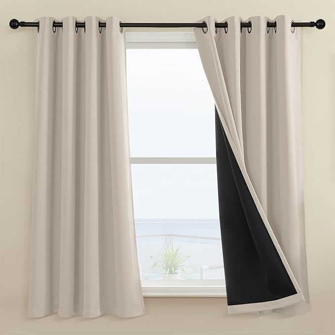 Rutterllow 100% Blackout Curtains 52x45 inch 2 Panels, Short Blackout Curtains for Living Room, Solid Thermal Insulated Noise Reduction Window Treatment Drapes for Bedroom/Kids Room(Beige)