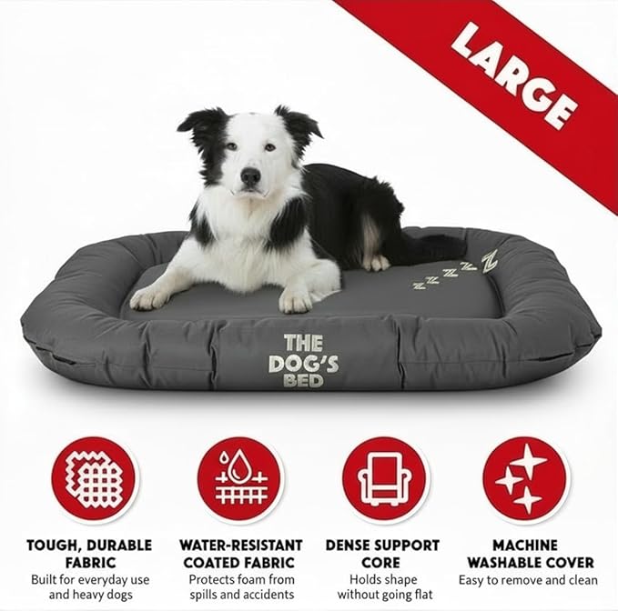 The Dog’s Bed Utility Waterproof Dog Bed, Large, Grey – Durable Outdoor Oxford Fabric, Tough YKK Zippers, Washable Removable Reversible Cover, for Home Car Crate Kennel & Yard