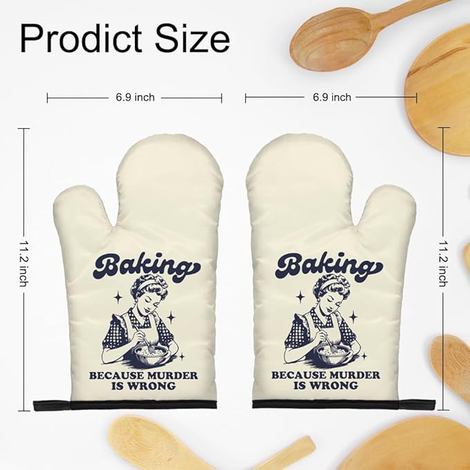 DYJYBMY Baking Because Murder is Wrong Funny Oven Double Mitts (One Pair), Humorous Vintage Lady Kitchen Gadgets for Women, Birthday Gifts for Bake Lover Chef, Hostess Gifts for Mom Wife Sister BFF
