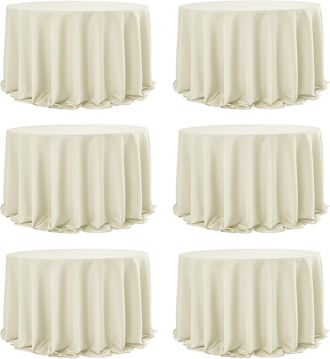 6-Pack Ivory Round Tablecloths, 132 Inches, Stain-Resistant Polyester for 6-8 Ft Round Tables - Washable Table Covers for Weddings, Banquets, Birthday Parties, Events