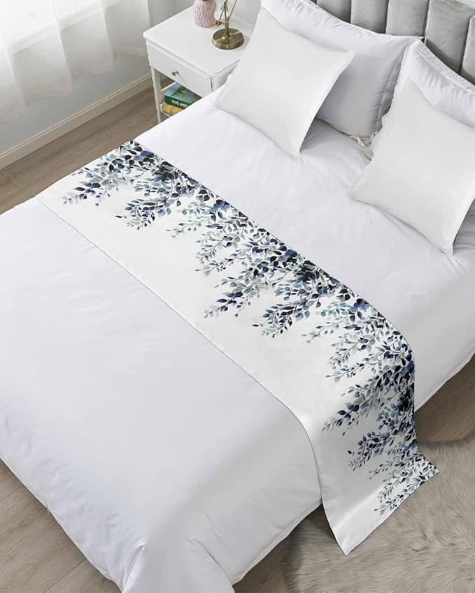 DecorLovee Blue Teal Eucalyptus Bed Runners for Queen Size Bed, Weeping Botanical Decorative Bed Throws for Foot of Bed, Leaf Watercolor Bed Runner Sofa Throw Bedding Scarf Slipcover for Bedroom