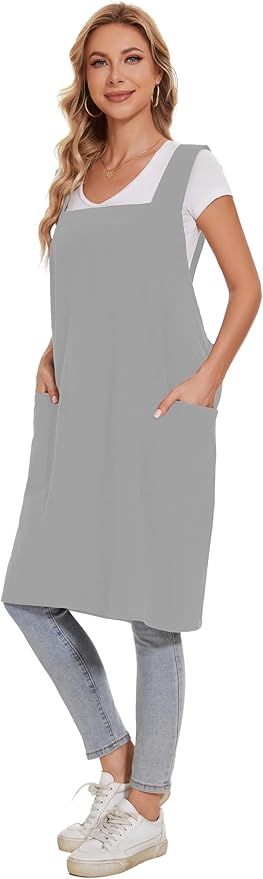 Linen Cotton Aprons for Women Smock Cross-Back Apron with Pockets