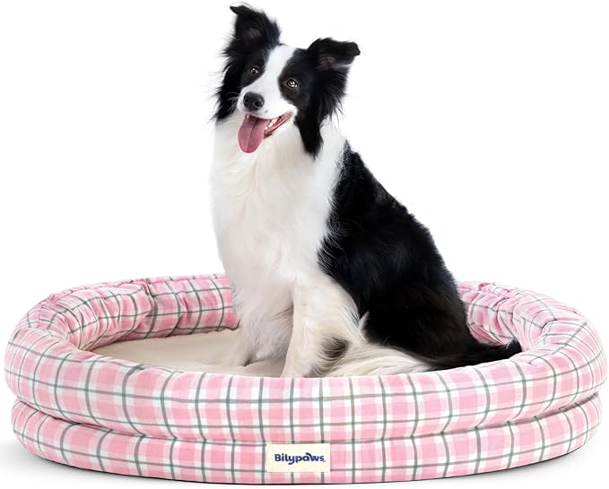 bilypaws Orthopedic Dog Bed for Large Dogs, Pet Sofa Bed with Egg Crate Foam, 4-Sided Bolster, Removable Washable Cover & Anti-Slip Bottom, Large Pink Plaid