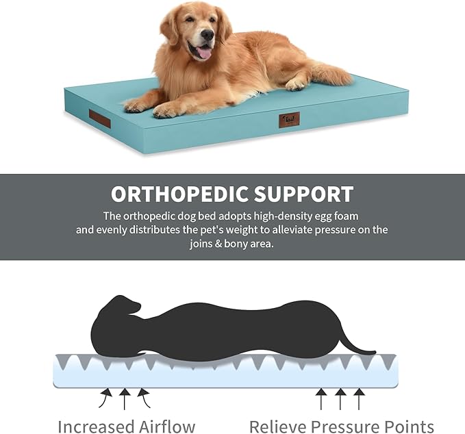 Tail Stories Outdoor Extra Large Dog Crate Bed, XXL Waterproof Dog Bed for Giant Breeds Dogs, 47x29 Inch Orthopedic Egg Crate Foam Pet Mat with Removable Cooling Cover, Light Blue