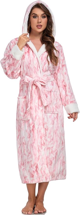 RONGTAI Womens Plush Fleece Hooded Bathrobe, Thick Nightgown Long Robe Sleepwear with Two Side Pockets and Belt