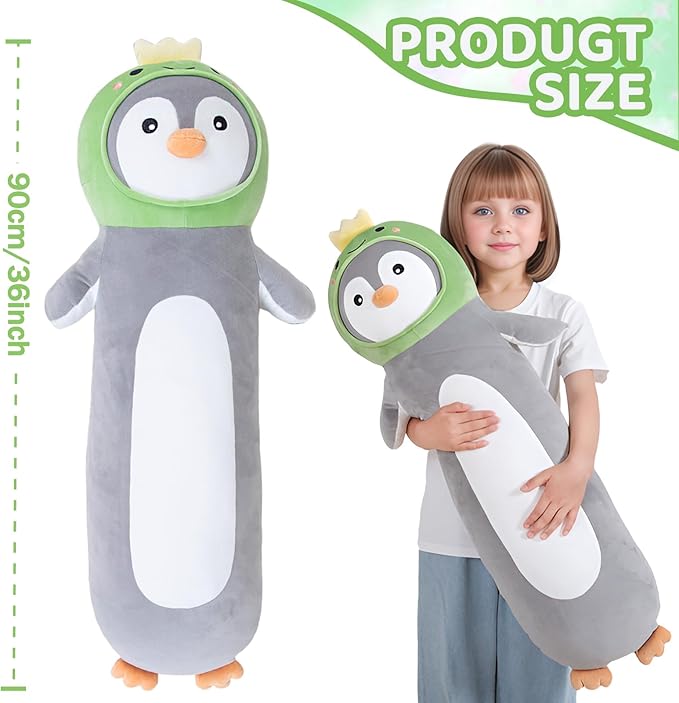 HAIJUNYA 36 inch Long Penguin Plush Toy, Big Stuffed Animal with Cute Dinosaur, Cuddle Sleeping Body Pillow Penguin Plushies Gifts for Kids Boys Girls, Birthday, Halloween, Christmas