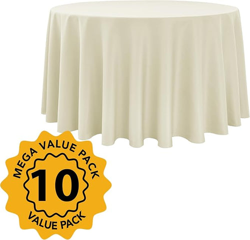 10-Pack Ivory Round Tablecloths, 108 Inches, Stain-Resistant Polyester for 4-5 Ft Round Tables - Washable Table Covers for Weddings, Banquets, Birthday Parties, Events