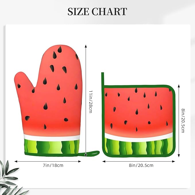 Oven Mitts and Potholders Watermelon Print Silicone Glove Heat Resistant, Kitchen Gloves for Cooking, 2-Piece Set