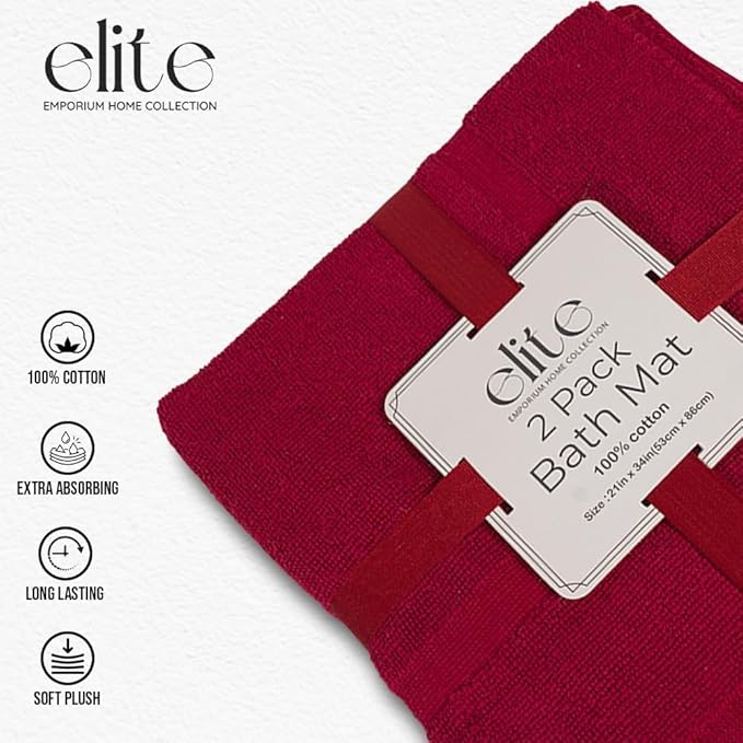 ELITE Emporium Home Collection 2-Piece Cotton Bathroom Mat Set, 21" x 34" - 100% Cotton, Absorbent, Quick-Dry, Bath Towel Mats for Floor, Red [Not a Bathroom Rug]