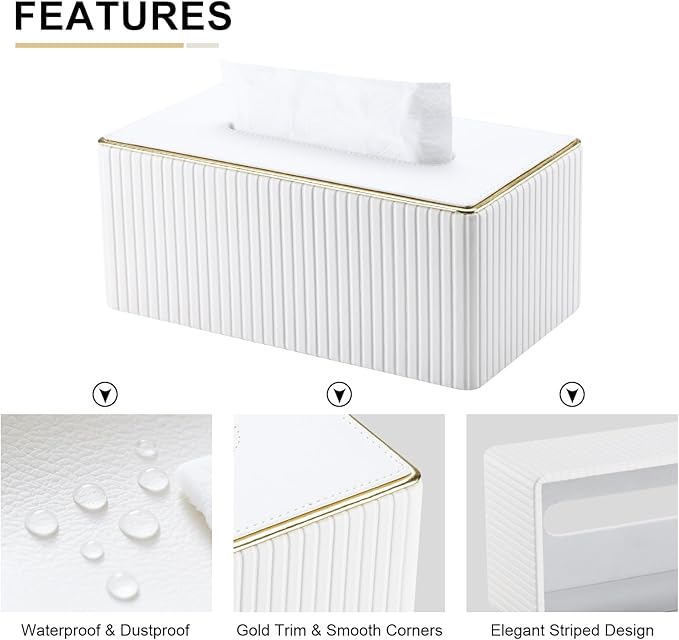 KINGFOM Rectangular Tissue Box Cover, PU Leather Tissue Box Holder with Magnetic Bottom, Napkin & Facial Tissue Holder Dispenser Decorative Box Cover for 120-count (3-Ply) 160-count (2-Ply) White