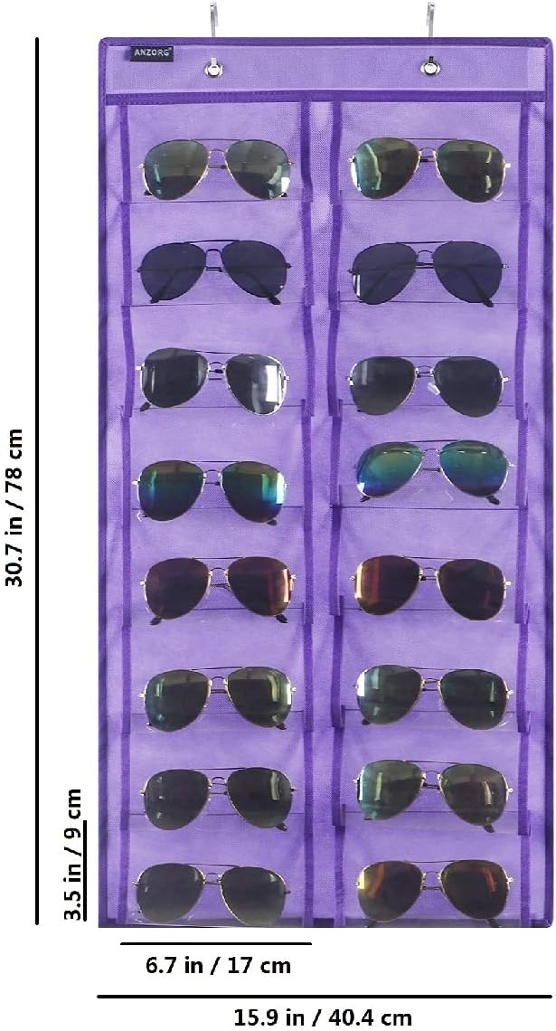 ANZORG Over the Door Hanging Sunglasses Organizer Storage Sunglass Rack Holder Eyewear Display Case with 16 Clear Dust Proof Pockets (16 Pockets-Purple)