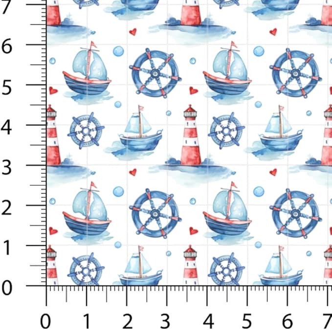 Nautical Patchwork Fabric Panel 100x155 cm – 100% Cotton Satin, 6 Coordinated Marine Prints on One Continuous Sheet for Quilting, Sewing & DIY Crafts (Maritime Style, 6pcs 50x50cm)