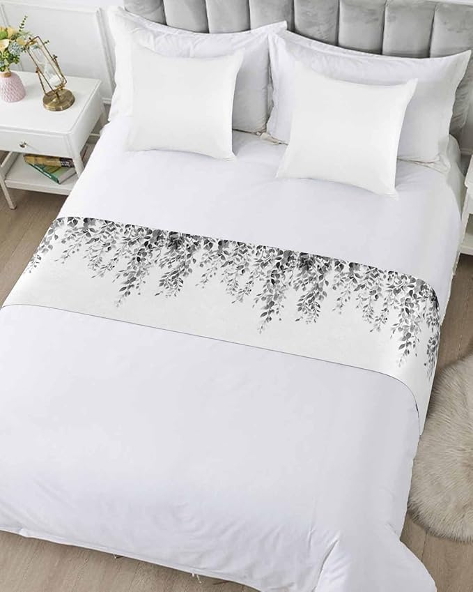 DecorLovee Grey Eucalyptus Bed Runners for Cal King Size Bed, Weeping Botanical Decorative Bed Throws for Foot of Bed, Leaf Watercolor Bed Runner Sofa Throw Bedding Scarf Slipcover for Bedroom