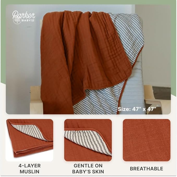 Parker Baby Muslin Blanket | 100% Soft Cotton Toddler Quilt & Baby Muslin Swaddle | Gender Neutral Design 47" x 47" Blanket