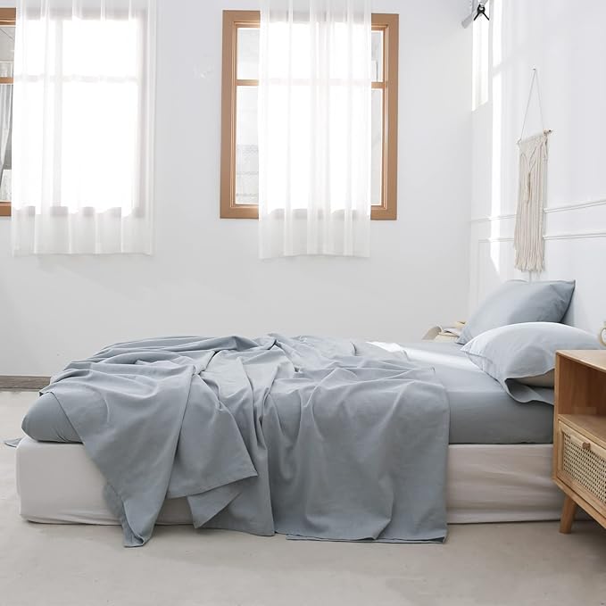 Simple&Opulence Belgian Linen Sheet Set Solid Color - 4 Pieces (1 Flat Sheet, 1 Fitted Sheet & 2 Pillowcases) Natural Flax Cotton Blend Soft Breathable Farmhouse Bedding - California King, Dusty Blue