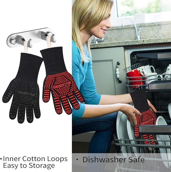 Premium BBQ Gloves, 1472°F Extreme Heat Resistant Oven Gloves, Grilling Gloves with Durable Fireproof Kitchen Oven Mitts Designed for Cooking, Grill, Frying, Baking, Barbecue (red+Black)
