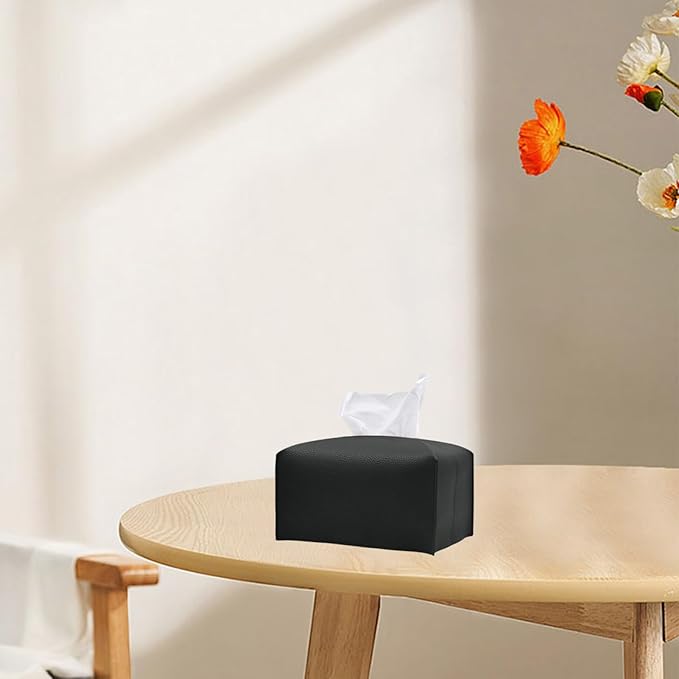 Hapforever 1PC Extra Large Rectangle Tissue Box Cover, PU Leather Rectangular Tissue Box Holder with Bottom Belt Plus Size Tissue Box Organizer for Bathroom/Car/Hotel/Office (9.5’’x5’’x5’’, Black)
