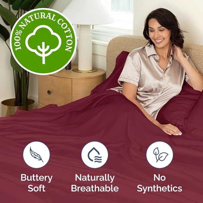 400 Thread Count Cotton Sheet Set - King Size 100% Cotton Sheets - Easily Fits 8" to 16" Mattress - Silky-Soft, Wrinkle Free, Breathable & Comfy - Deep Pockets & Hotel Quality Bedding Set - Burgundy