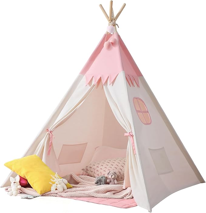 Teepee Tent for Kids Indoor,Kids Play Tent, Toddler Teepee Girls Boys, Baby Teepee, Children Room, Reading Tp,Canvas Playhouse with Lights and Mat (Peachy-Pink, Padded mat)