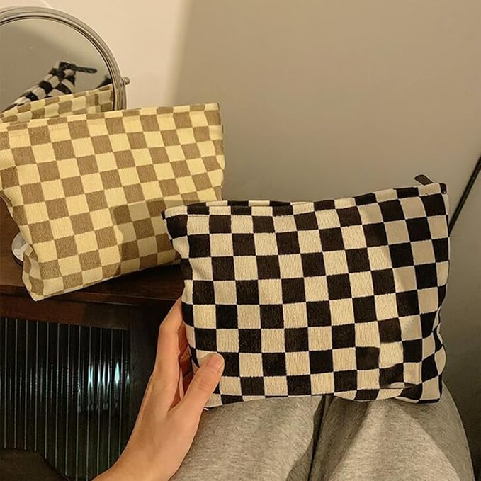 SxoSyo Cosmetic Bags for Women Makeup Bag Large Capacity Purse Travel Toiletry Zipper Storage Pouch Make up Brushes Organizer for Gifts (Chessboard, Beige)