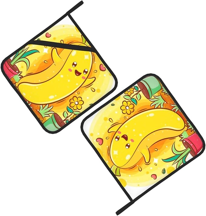Cute Banana Pattern Pot Holders Set of 2 Heat Resistant & Non Slip Potholders, Watercolor Art Style Fire Oven Hot Pads for Kitchen Cooking Baking Barbecue