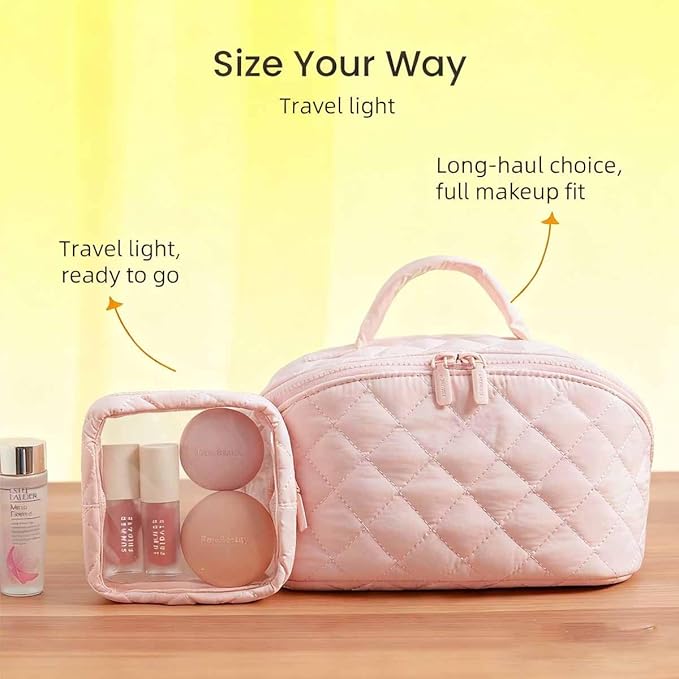 Petition Travel Makeup Bag For Women - Quilted Makeup Bag,180° Open Lay-Flat Cosmetic Case,5 Colors Large Capacity Waterproof Make Up Bag Set,With Compartments (White+Green)