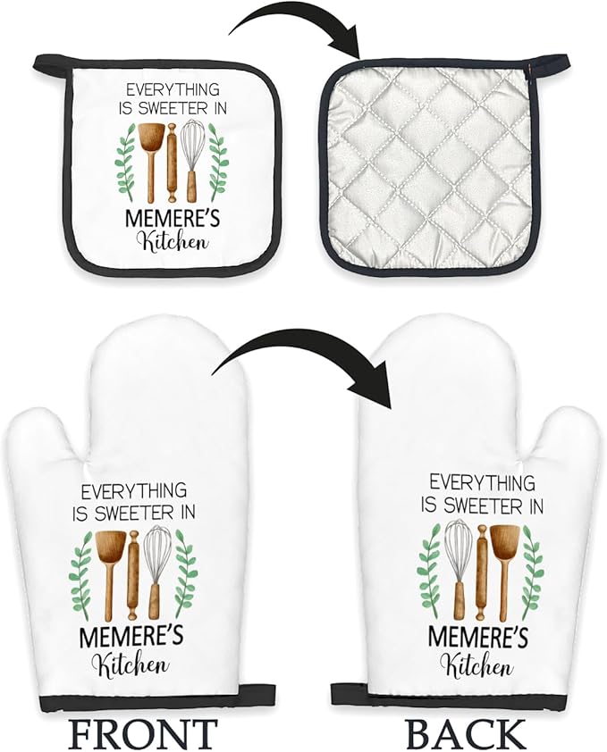 Memere Gifts Oven Mitts and Pot Holders Sets, Gifts for Memeres from Grandkids Kitchen Decor Accessories Sets, Sweeter Memere's Kitchen Heat Resistant Oven Glove Potholders for Kitchens Cooking