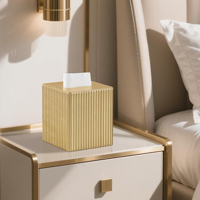 MEIBOOCH PU Leather Tissue Box Cover Square, Rectangle Tissue Box Holder with Magnetic Closure, Decorative Tissue Holder for Bathroom Bedroom Office (Gold, Square)