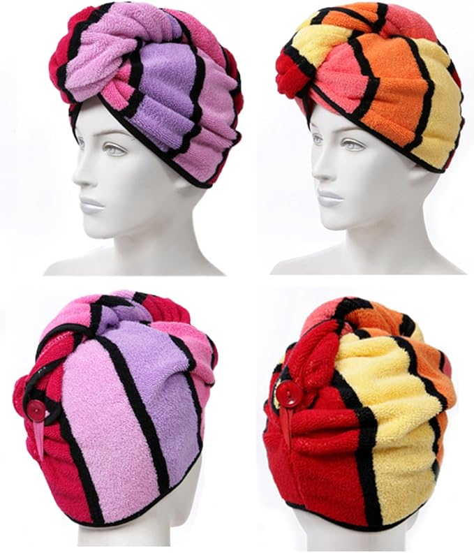 Wenlly 2 Pack 100% Cotton Hair Drying Towel, Hair Towel wrap with Button for Women, Shower Head Towel, Dry Hair Turban (Orange & red)