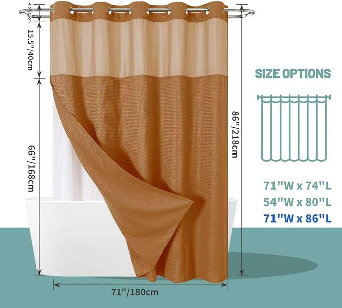 eachope BurntOrange Extra Long No Hook Waffle Weave Shower Curtain with snap-in Liner Replacement, 230GSM Waterproof Fabric Hotel Shower Curtain Set for Bathroom, Through Mesh Top Window,71Wx86H