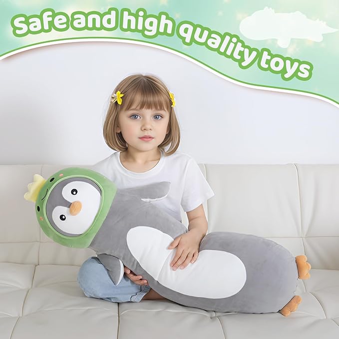 HAIJUNYA 36 inch Long Penguin Plush Toy, Big Stuffed Animal with Cute Dinosaur, Cuddle Sleeping Body Pillow Penguin Plushies Gifts for Kids Boys Girls, Birthday, Halloween, Christmas