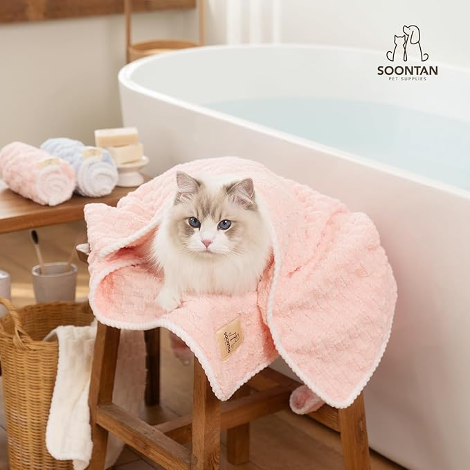SOONTAN Microfiber Dog Towel Set for Drying Dogs – Absorbent, Quick-Dry, and Soft Towels for Bathing and Grooming Dogs and Cats, Including 2 Different Sized – Cloud Pet Towels (Pink)