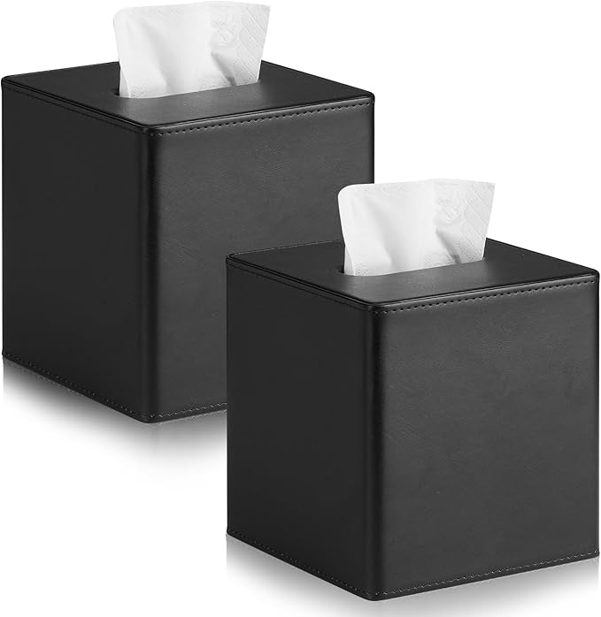 2 Pack PU Leather Tissue Box Cover Square Tissue Box Holder with Magnetic Closure, Black Tissue Box Cover, Black Tissue Box Holder, Decorative Tissue Holder for Bathroom Bedroom Office