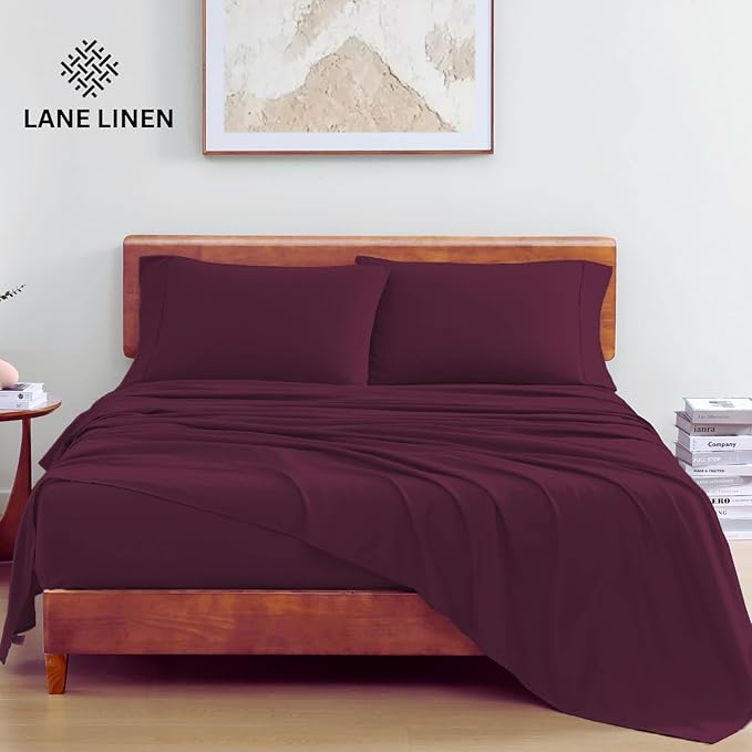 LANE LINEN 100% Organic Cotton Sheets King Size, Machine Washable Fully Elasticized Low Pill Fade Resistant Cotton Sheets, Soft & Comfy Percale Eco Friendly sábanas King - Windsor Wine