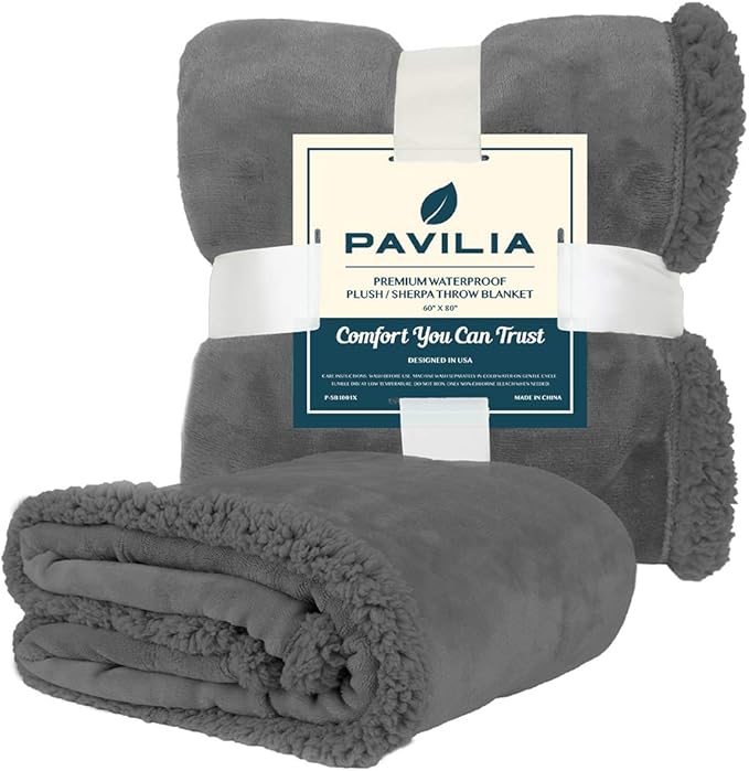 PAVILIA Waterproof Blanket Throw Dark Grey Queen,Waterproof Pet Blanket for Dog Couch Protection,Leak Proof Sherpa Fleece Blanket for Bed Sofa,Liquid Resistant Large Plush Throw 90x90,Charcoal