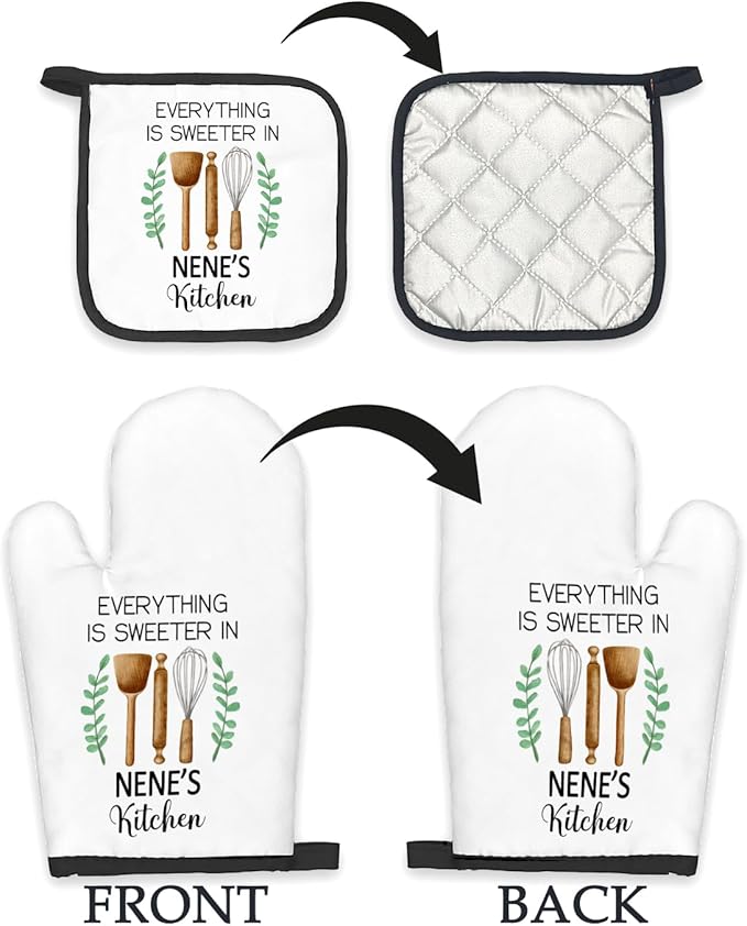 Nene Gifts Oven Mitts and Pot Holders Sets, Gifts for Nenes from Grandkids Kitchen Decor Accessories Sets, Sweeter in Nene's Kitchen Heat Resistant Oven Glove Potholders for Kitchens Cooking