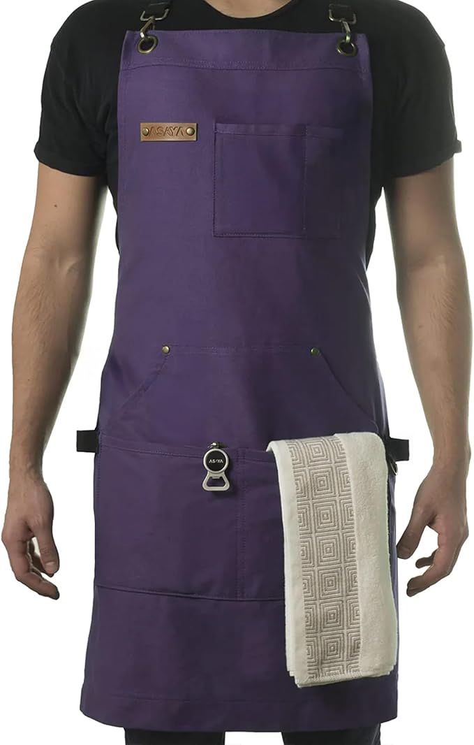 Asaya Chef and BBQ Apron with Bottle Opener and Hand Towel - 10oz Cotton Canvas, Stainless Steel Hardware - Cross Back Straps