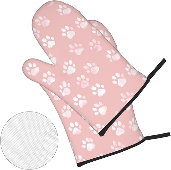 Oven Mitts and Pot Holders Sets of 4 Pastel Pink Dog Paw Pattern Kitchen Potholder Gloves Heat Resistant Non-Slip for Chef Baking Cooking Grilling BBQ Mittens