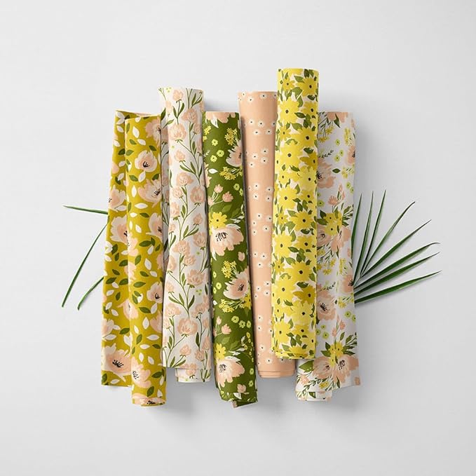 Floral Patchwork Fabric Panel 100x155 cm – 100% Cotton Satin, 6 Coordinated Yellow & Green Flower Prints on One Continuous Sheet (Assorted Florals – Yellow, Olive, Blush, 6pcs 50x50cm)