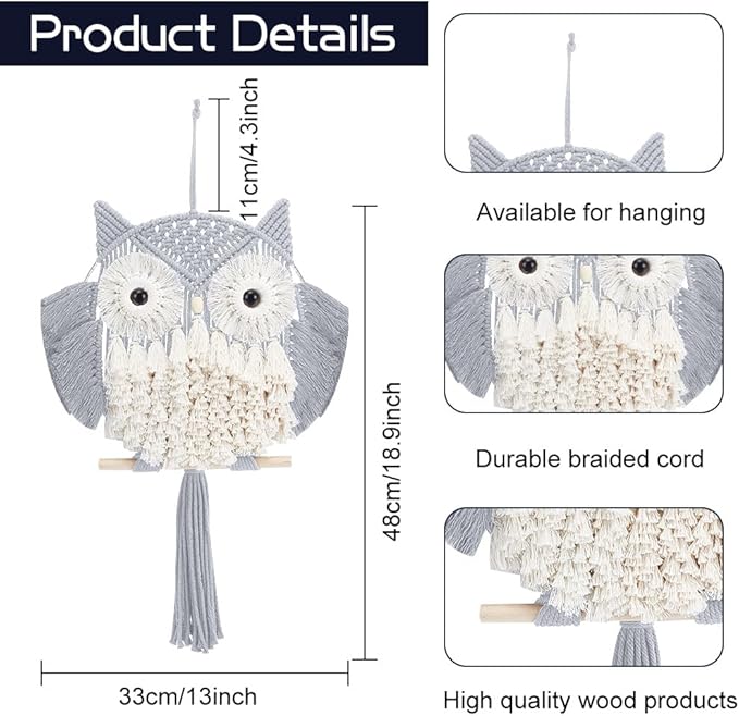FREEBLOSS Macrame Owl Kit for Beginners Macrame Owl Wall Hanging Light Grey DIY Macrame Kit with Video Tutorial Macrame Hanging Decor for Adults Gift