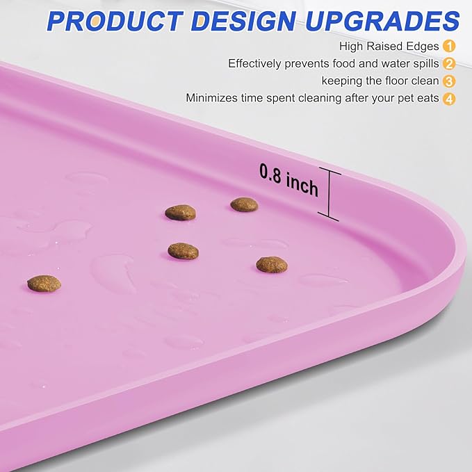 SMILOOL Silicone Pet Feeding Mat with Raised Edge for Food and Water, Dog Bowl Mats, Cat Bowls Placemat with High Lip for Floor Waterproof, Rubber Tray for Cats and Dogs 24 x 16 x0.8 Pink