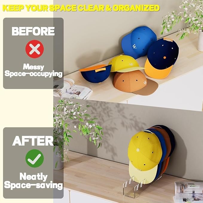 Deear Hat Stand for Baseball Caps Display and Organizer No Install Acrylic Hat Holder for 14 Baseball Caps Hat Racks Storage for Bedroom,Closet,Dresser,Entrance 2 Pack(Clear)