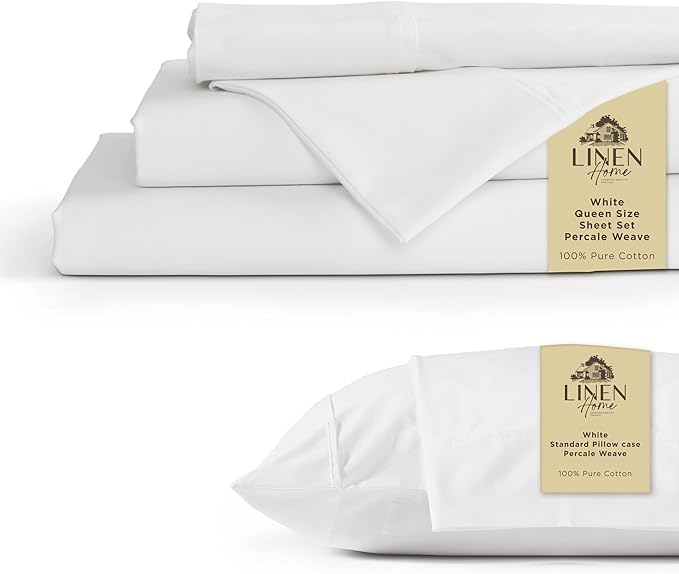 100% Cotton Percale 6-Piece Bedding Bundle- 4 Pieces Sheet Set + 2 Pieces of Pillowcase, Crisp and Cool Strong Bed Linen Queen, White