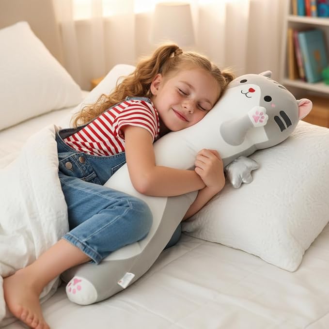 Long Cat Plush Pillow, Cute Cat Stuffed Animal Body Pillow with Wings, Soft Kawaii Kitty Hugging Pillow, Christmas Valentine's Birthday Gift for Kids Girls Boys (Gray, 90cm/35.43in)