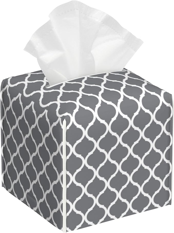 POIUBLE Tissue Box Holder Grey Quatrefoil Tissue Box Cover Square Leather Tissue Holder Organizer Portable Decorative Facial Paper Case for Home Office Bathroom Vanity Countertop