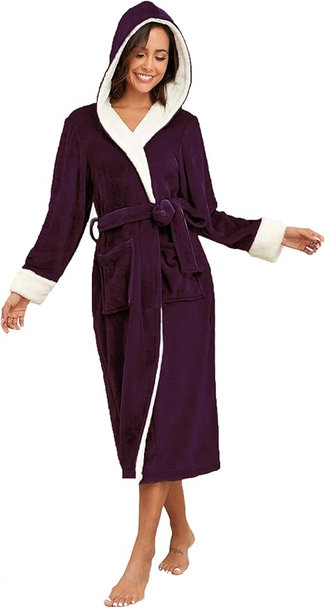RONGTAI Womens Plush Fleece Hooded Bathrobe, Thick Nightgown Long Robe Sleepwear with Two Side Pockets and Belt