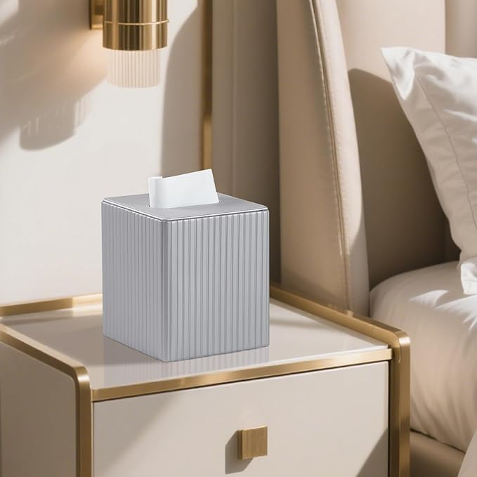 MEIBOOCH PU Leather Tissue Box Cover Square, Rectangle Tissue Box Holder with Magnetic Closure, Decorative Tissue Holder for Bathroom Bedroom Office (Silver, Square)