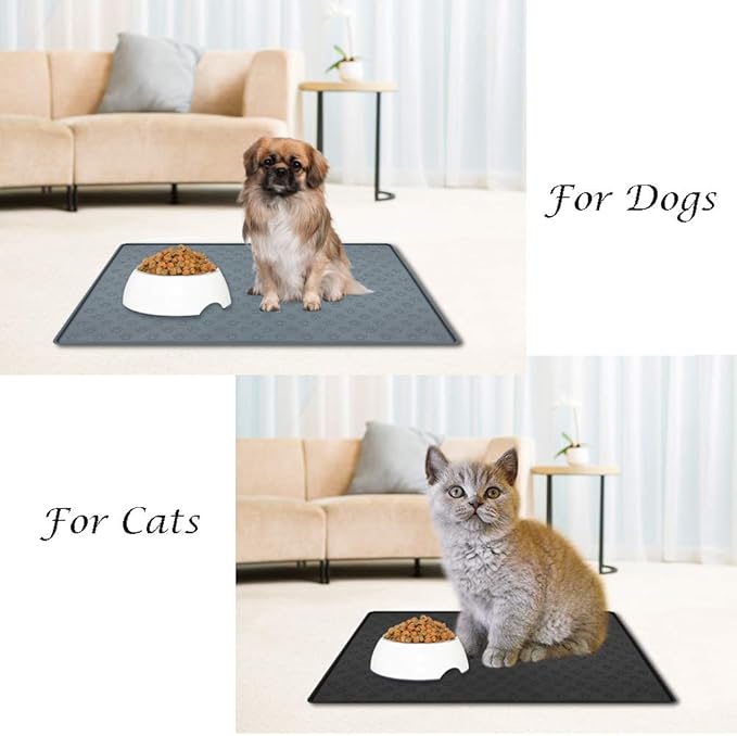 Dog Food Mat, Silicone Dog Cat Bowl Mat, Non Slip Pet Feeding Mat Waterproof Dog Placemat for Small Animals (18.5"x11.8", Black Paw Pattern)