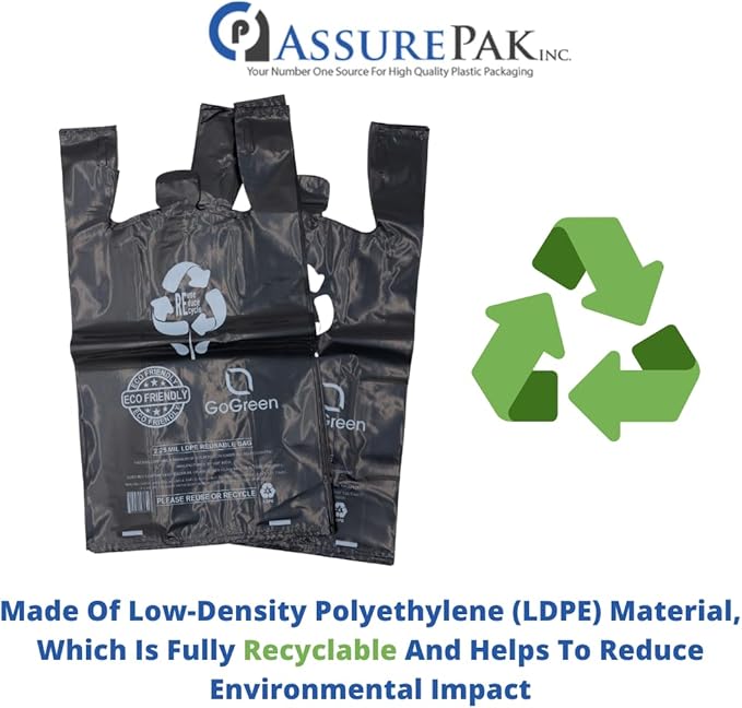 ASSUREPAK Black Reusable/Eco-Friendly LDPE T-Shirt - 1/8 BBL (10"X5"X18") - 300 Bags - 57 Micron (2.25 mil) - Black - BLKLD40REC225REUSE10518